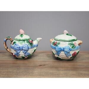 Vtg HALDON GROUP Cream And Sugar Set Creamer Blue "Ribbon and Bow" 1985